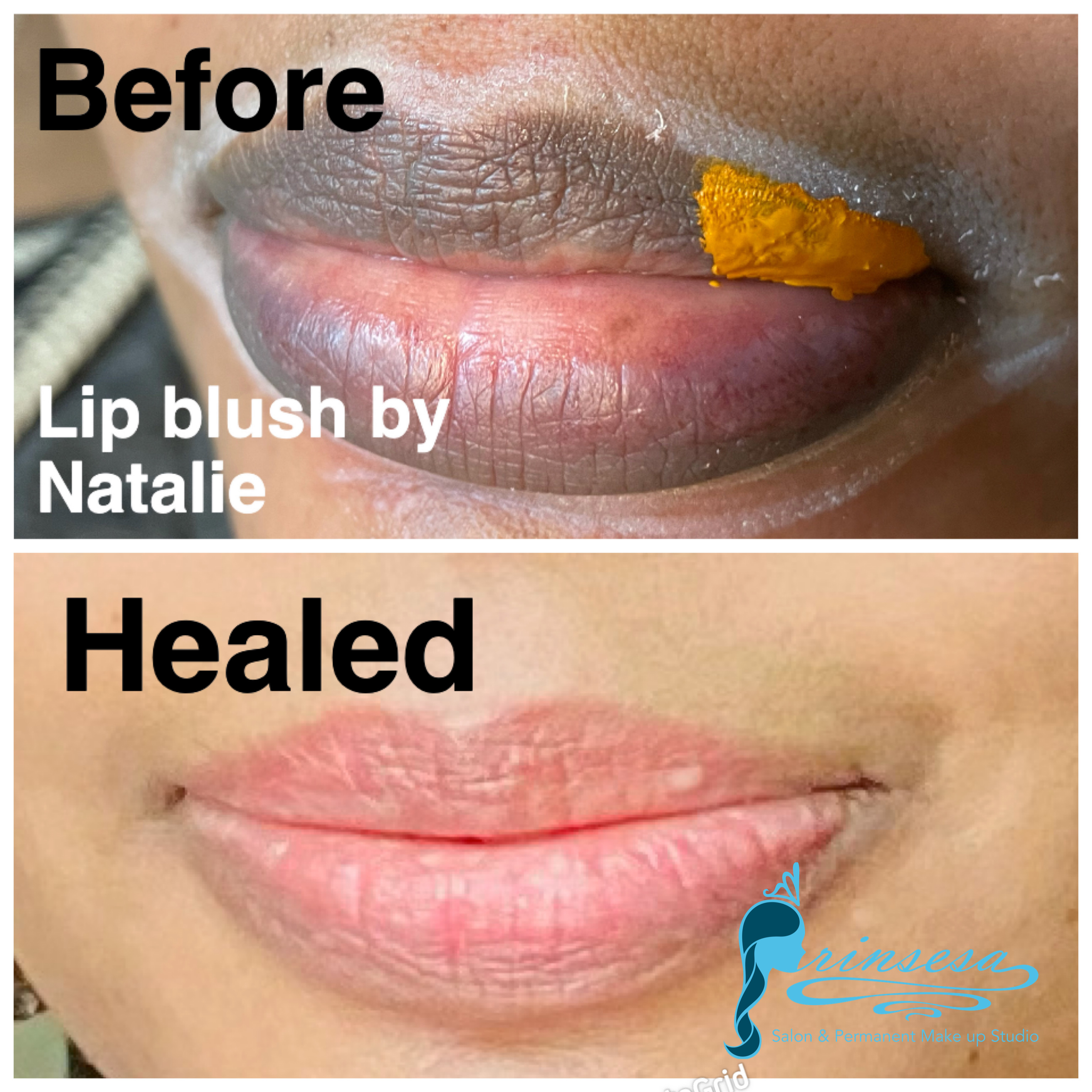 Lip blush before and healed result
